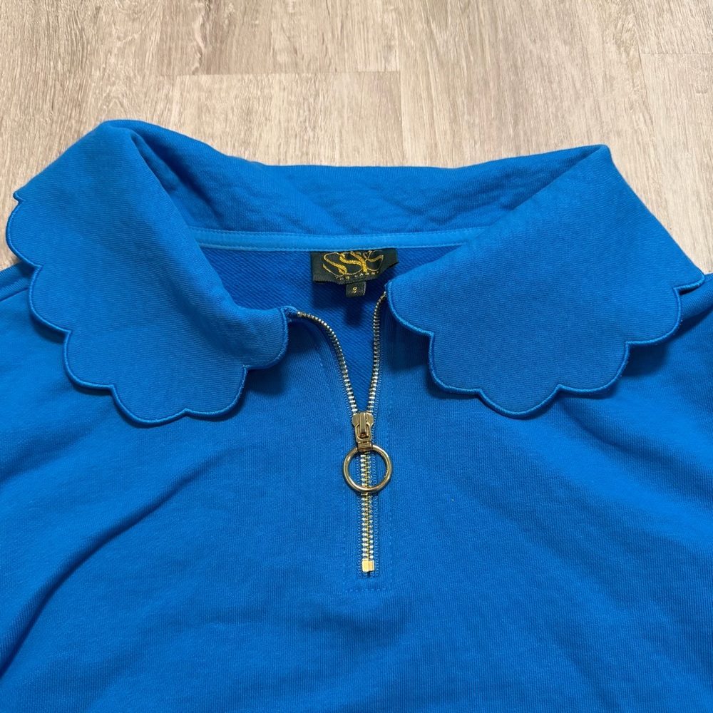 SSYS The Label Small Blue Scalloped Collar 1/4 Zip Pullover Preppy Coastal Mom - Picture 3 of 6